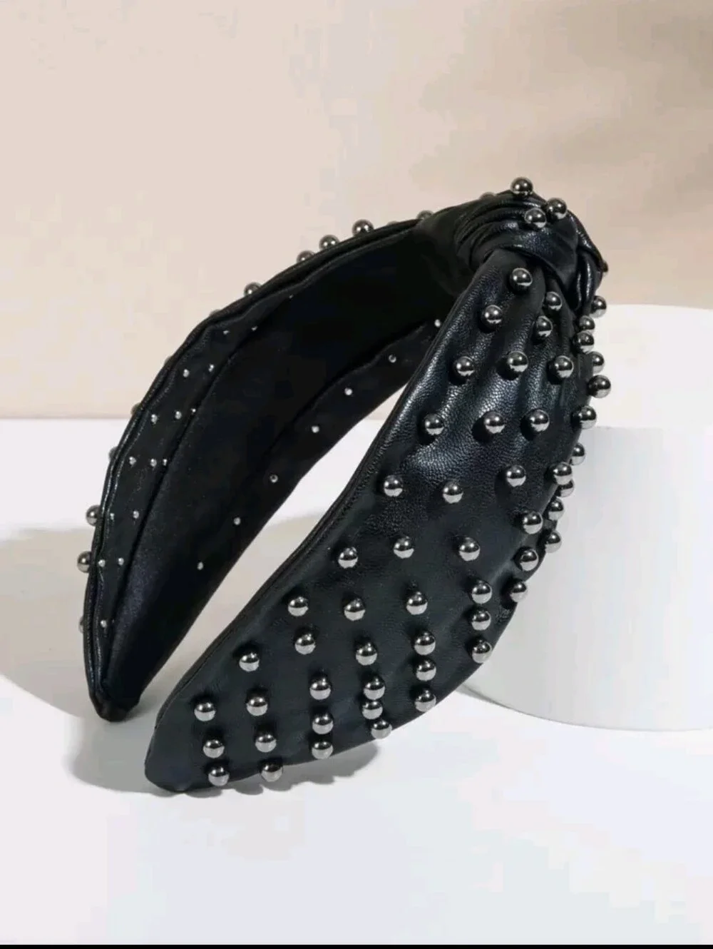 Gunmetal Faux Leather Polyurethane Beaded Top Knot Headband in Black